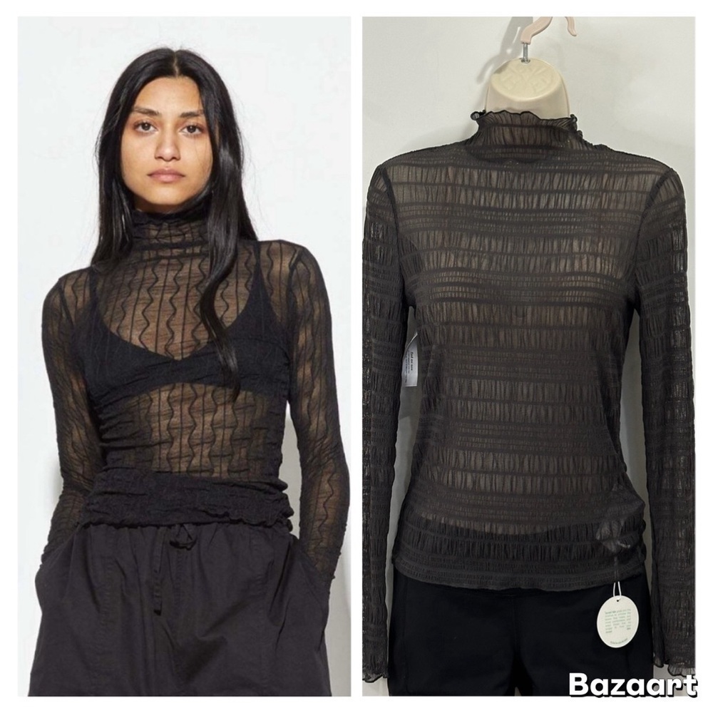 Find Me Now Second Skin Ross Mesh Top Long Sleeve Mock Neck Small Gray Edgy Chic